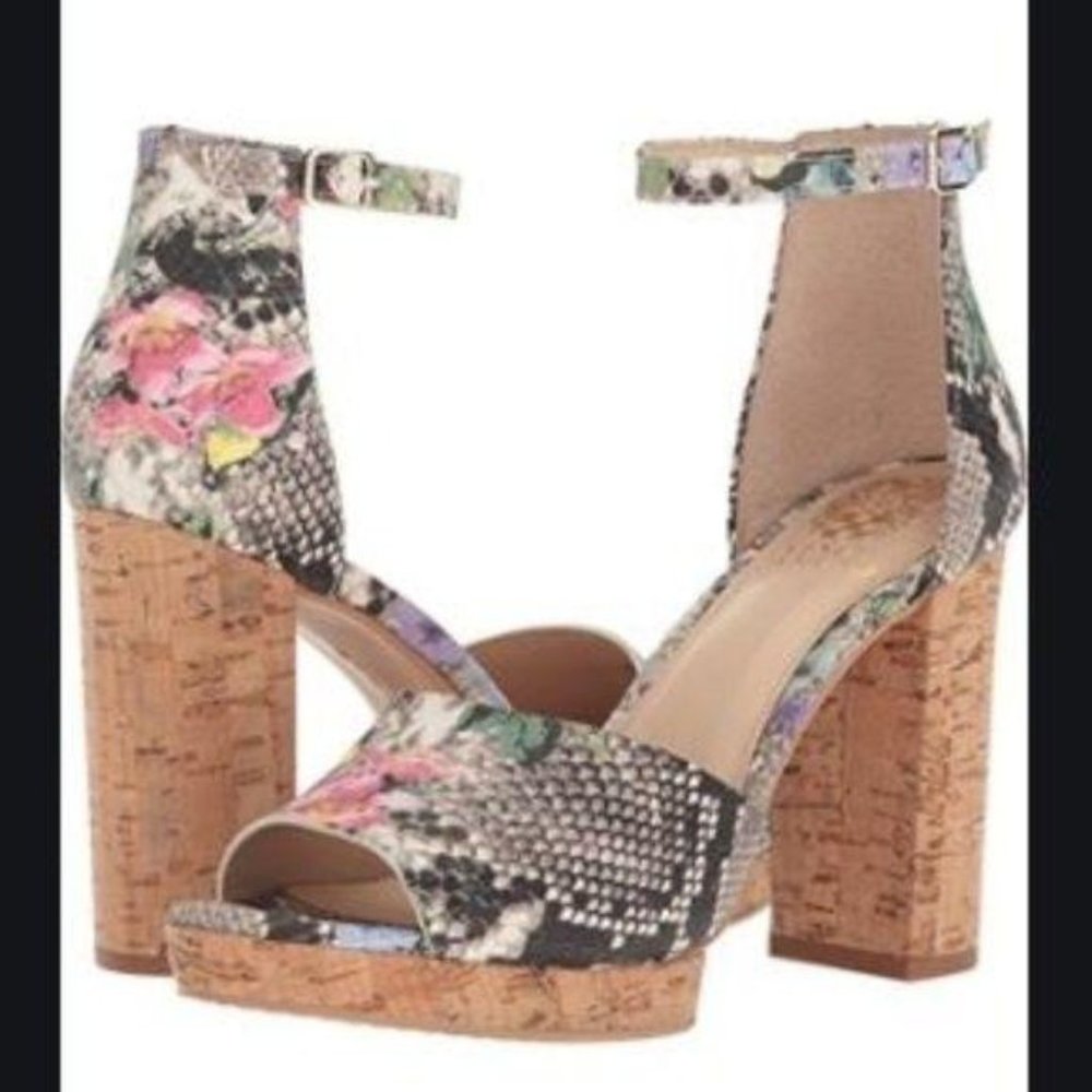 Vince Camuto Floral Snake Print Cork Block Heel Sandals - Pink, Green, Black